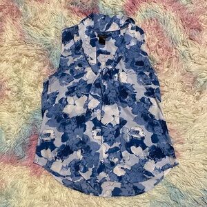 Blue Floral Semi Sheer Sleeveless Blouse With Attached Necktie